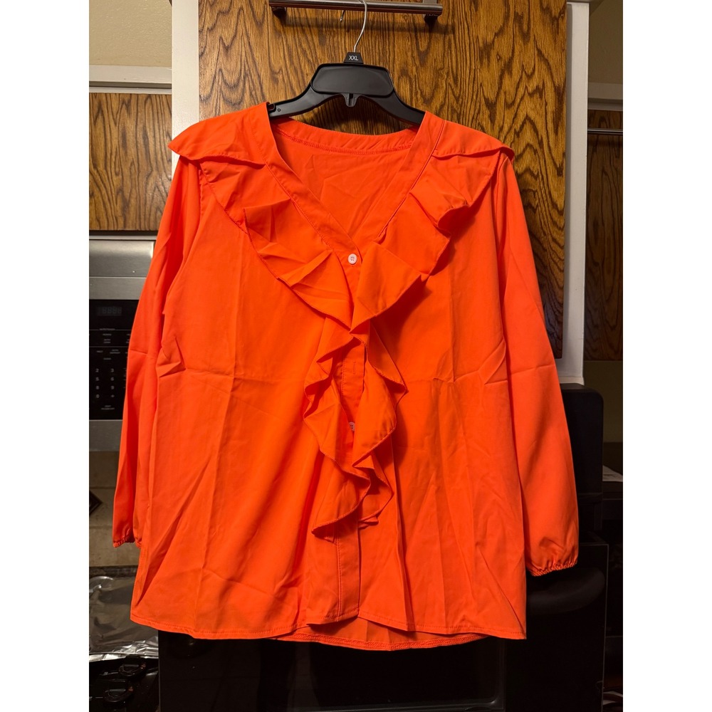 Bright Orange‎ Ruffle V Neck Long Sleeve Blouse Women's XL